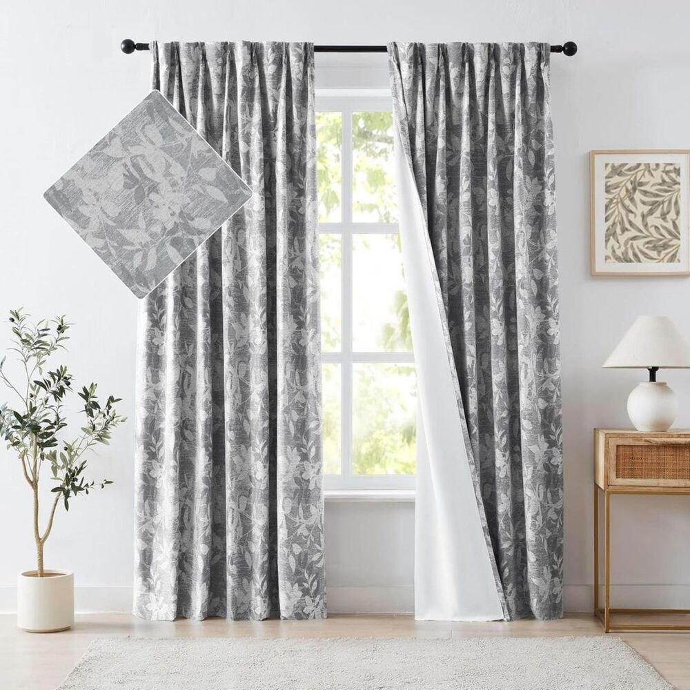 Brand New Randall Gray Leaf Print 90% Room-Darkening Curtains – Set of 2
